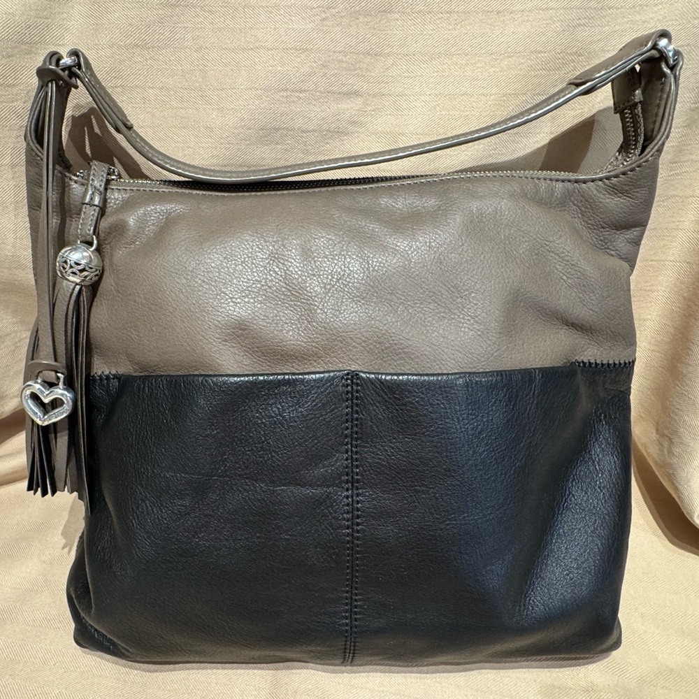 Brighton Two-Tone Black and Grey Leather Shoulder Bag EUC